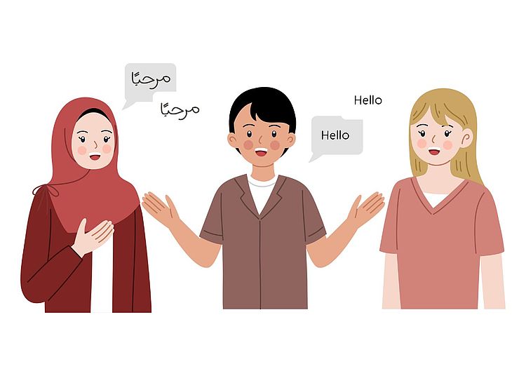 Drei Personen begrüßen sich auf Arabisch und Englisch.
