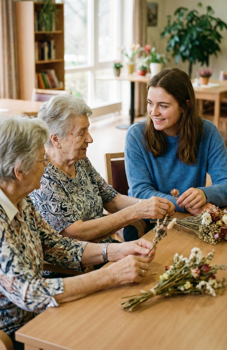 Praktisches_Studiensemester_02 Junge Frau arbeitet gemeinsam mit zwei Seniorinnen an einem Tisch mit getrockneten Blumen.