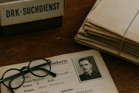 Historische Dokumente und eine Suchkarte des DRK-Suchdienstes aus der Zeit nach dem Zweiten Weltkrieg mit Brille, Aktenstapel und Archivbox auf einem Holztisch.