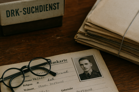 Historische Dokumente und eine Suchkarte des DRK-Suchdienstes aus der Zeit nach dem Zweiten Weltkrieg mit Brille, Aktenstapel und Archivbox auf einem Holztisch.