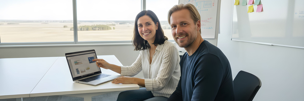 Zwei Mitarbeitende sitzen im Büro an einem Tisch, betrachten gemeinsam Auswertungen auf einem Laptop und lächeln in die Kamera.