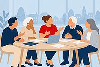 Illustration: Fünf Personen sitzen mit Unterlagen und Laptop an einem runden Besprechungstisch; im Hintergrund eine Kleinstadt mit Kirchturm.