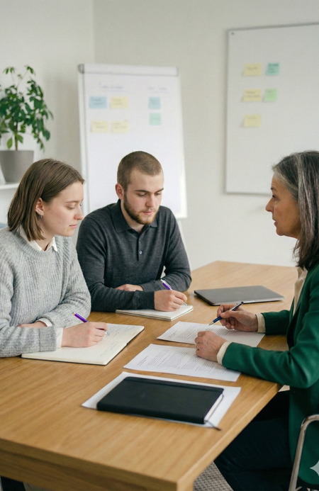 Praktisches_Studiensemester_01 Besprechungssituation mit drei Personen an einem Tisch, die gemeinsam Unterlagen durchgehen.