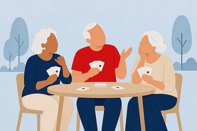 Illustration: Drei Seniorinnen und Senioren sitzen an einem runden Tisch, spielen Karten und unterhalten sich.