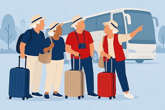 Illustration: Eine Reisegruppe älterer Menschen mit Sonnenhüten und Rollkoffern steht vor einem Reisebus; eine Reisebegleiterin in roter Weste zeigt den Weg.