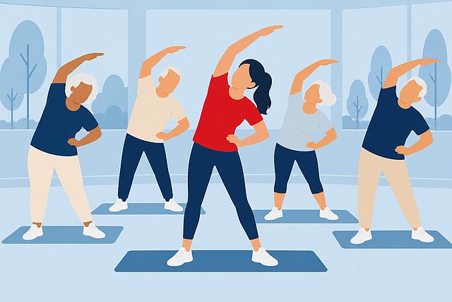 Illustration: Eine Kursleiterin im roten Shirt leitet ältere Frauen und Männer bei einer Dehnübung auf Gymnastikmatten an.