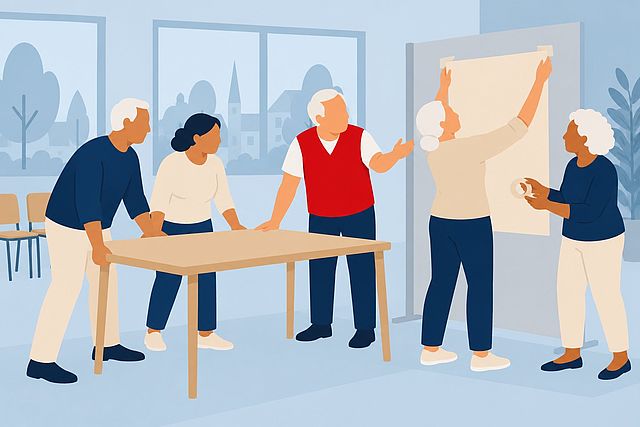 Illustration: Menschen verschiedenen Alters richten gemeinsam einen Raum her: Sie tragen einen Tisch und hängen ein Plakat auf, ein Mann in roter Weste koordiniert.