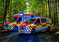Zwei Einsatzfahrzeuge des DRK mit Blaulicht im Wald auf einem Forstweg, umgeben von dichtem Grün.