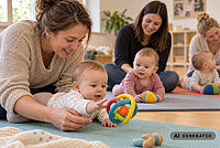 Eltern begleiten ihre Babys beim gemeinsamen Spielen und Entdecken auf Krabbelmatten – KI-generiertes Symbolbild für die neuen PEKiP-Gruppen in Fritzlar.