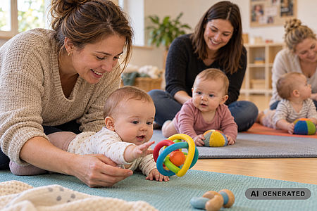 Eltern begleiten ihre Babys beim gemeinsamen Spielen und Entdecken auf Krabbelmatten – KI-generiertes Symbolbild für die neuen PEKiP-Gruppen in Fritzlar.