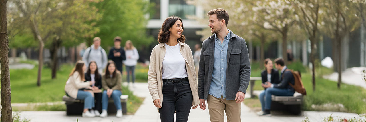 Header_Studium_Soazialarbeit Zwei junge Erwachsene gehen über einen Campusweg, im Hintergrund sitzen weitere Studierende im Grünen.