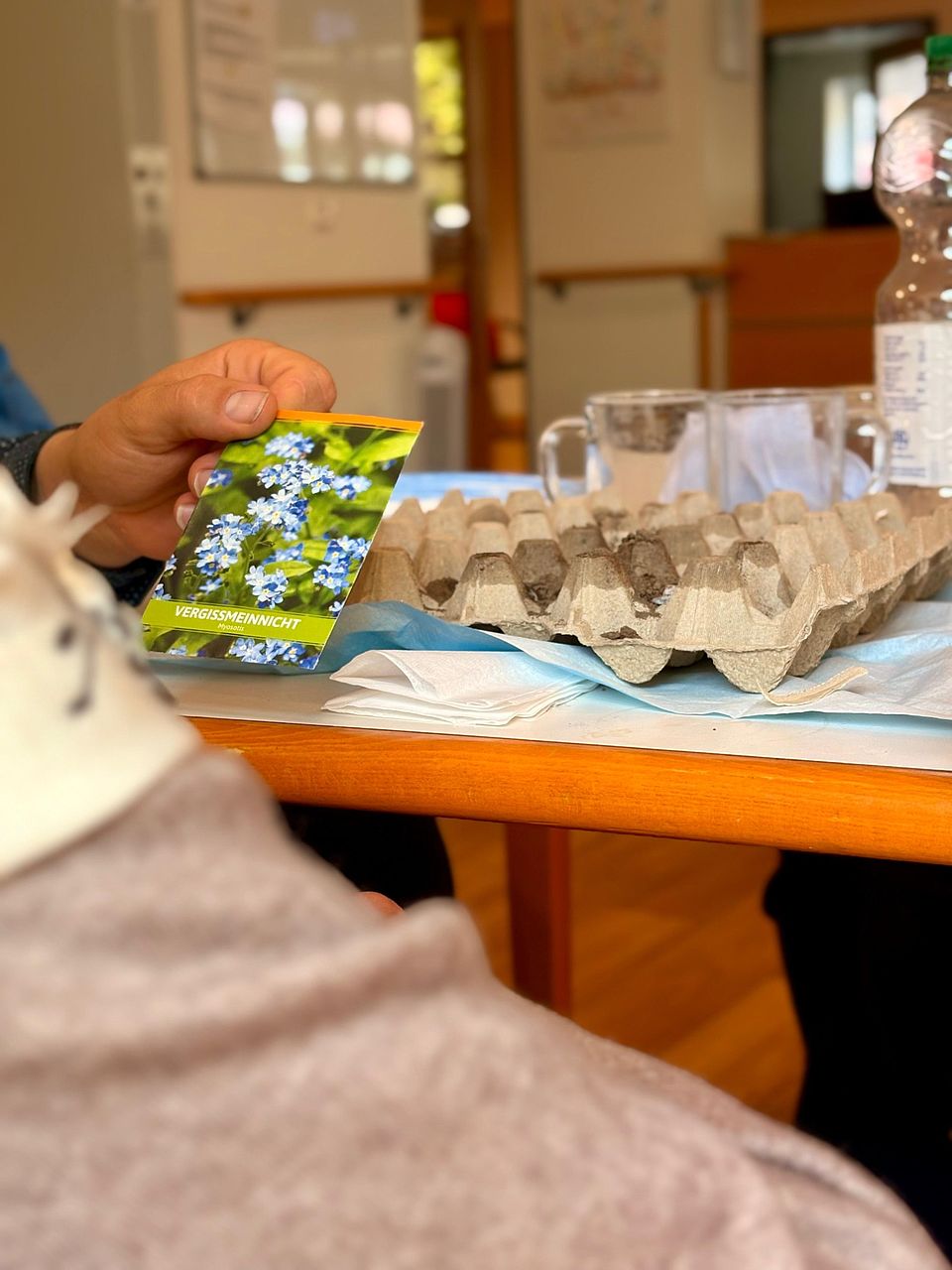 Ein Mensch hält ein Samentütchen mit der Aufschrift „Vergissmeinnicht“ in der Hand. Auf dem Tisch davor stehen ein mit Erde gefüllter Eierkarton, Trinkgläser, eine Wasserflasche und Servietten – die Szene spielt sich in einem Innenraum ab.