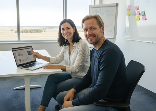 Zwei Mitarbeitende sitzen im Büro an einem Tisch, betrachten gemeinsam Auswertungen auf einem Laptop und lächeln in die Kamera.