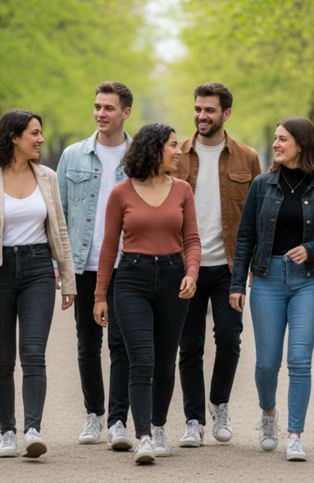 Praktisches_Studiensemester_06 Fünf junge Erwachsene gehen gemeinsam über einen Weg im Grünen und unterhalten sich.