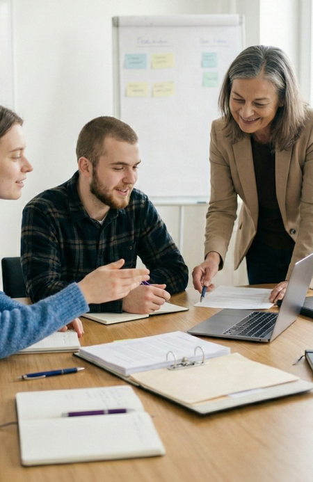 Praktisches_Studiensemester_04 Teamsituation im Büro: Drei Personen besprechen Unterlagen am Tisch, eine Person steht daneben.