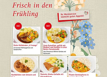 Frühlingsmenüs des DRK Menüservice mit Gerichten wie Kalbsbraten, Putenfilet, Fisch und Gemüsepfanne auf dekorativem Hintergrund.