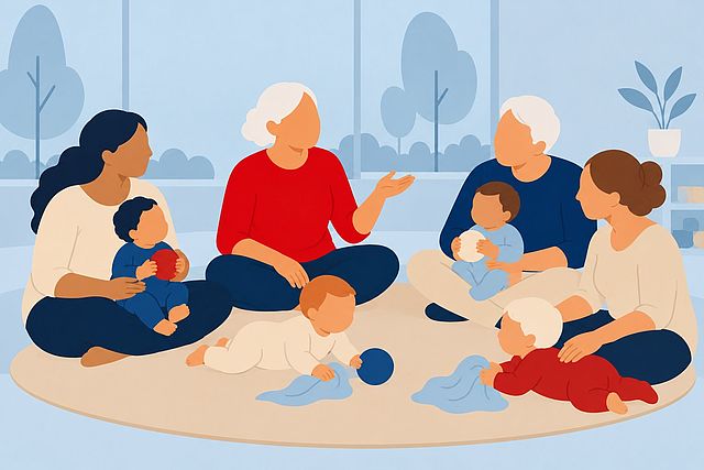 Illustration: Eltern und Großeltern sitzen mit Babys im Kreis auf einem Teppich; die Babys spielen mit Bällen und Tüchern, eine Gruppenleiterin im roten Pullover spricht mit der Runde.