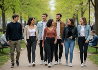 Gruppe junger Erwachsener geht gemeinsam über einen Weg im Grünen und unterhält sich.