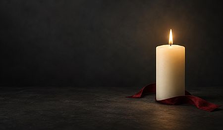 Brennende elfenbeinfarbene Kerze mit dunkelrotem Stoffband vor anthrazitfarbenem Hintergrund als Symbol der Trauer und des Gedenkens.