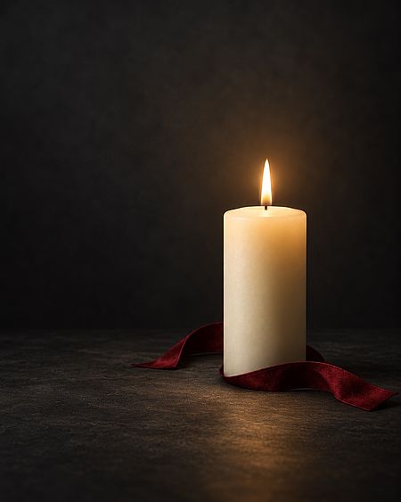 2026_10_12_nachruf_hochkant Brennende elfenbeinfarbene Kerze mit dunkelrotem Stoffband vor anthrazitfarbenem Hintergrund als Symbol der Trauer und des Gedenkens.