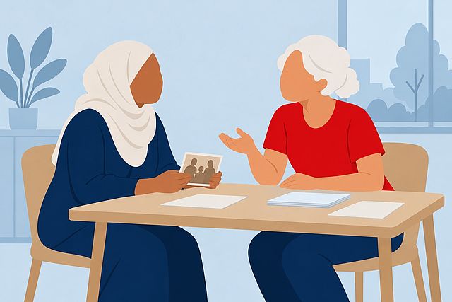 Illustration: Beratungsgespräch an einem Tisch: Eine Frau mit Kopftuch hält ein altes Familienfoto, eine Beraterin im roten Shirt spricht ihr zugewandt.