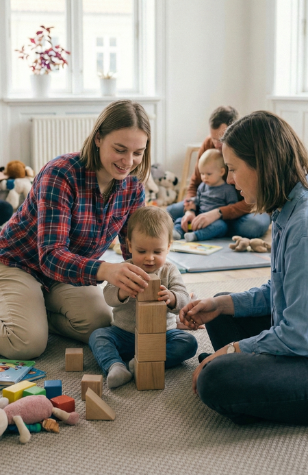 Praktisches_Studiensemester_03 Zwei Frauen begleiten ein Kleinkind beim Spielen mit Holzbausteinen in einem Gruppenraum.